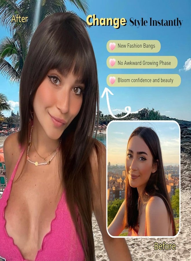 PANEWAY Hair Topper With Bangs Straight 18inch Toppers 6.5“ ×6.5” Base Premium Synthetic Hair Pieces For Women-Light Brown with Dark Root - Image 5